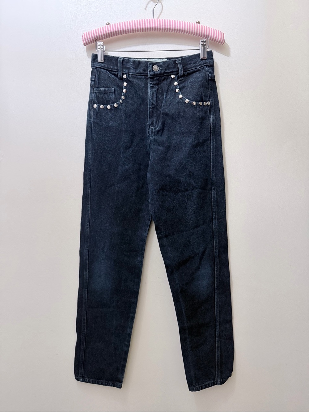 Vintage Studded Pocket Black High Waisted Straight Leg Denim Jeans Girls 14 26”